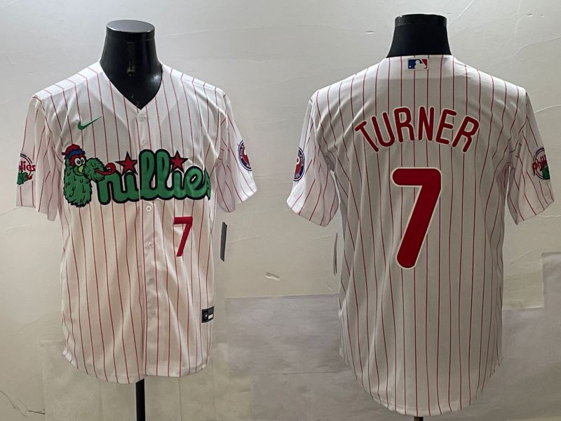Men Philadelphia Phillies #7 Turner White Stripe Three generations Joint Name Game 2025 Nike MLB Jersey style 2->philadelphia phillies->MLB Jersey